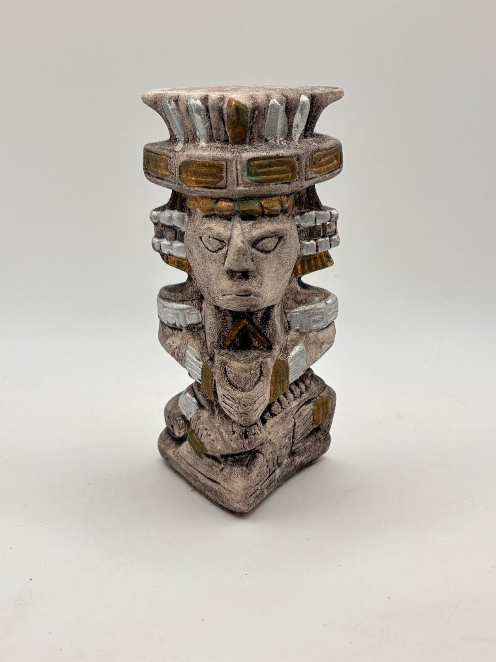 Mexican Folk Art Statue Aztec Totem Mayan Figure Diety Warrior Ceramic Vintage